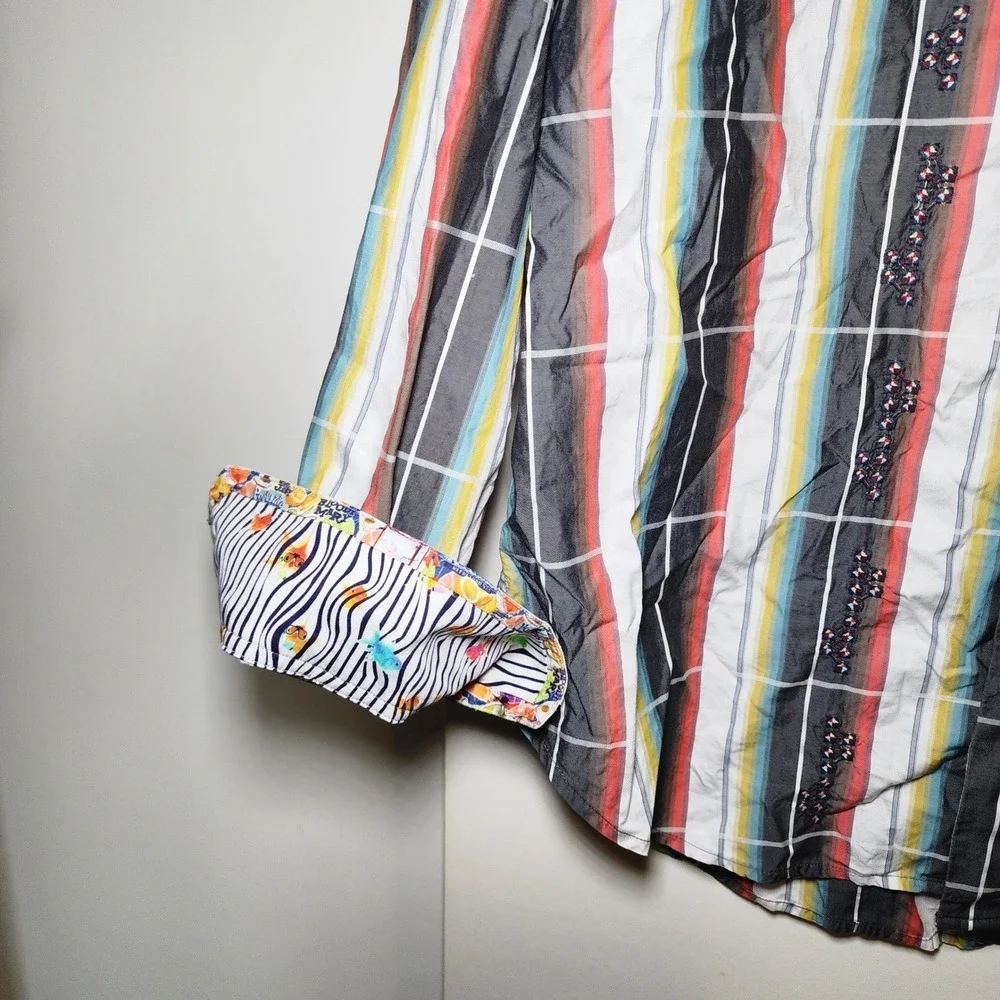 Robert Graham Button Down Mens L Multi Color Good Striped Embroidered Plaid Cuba